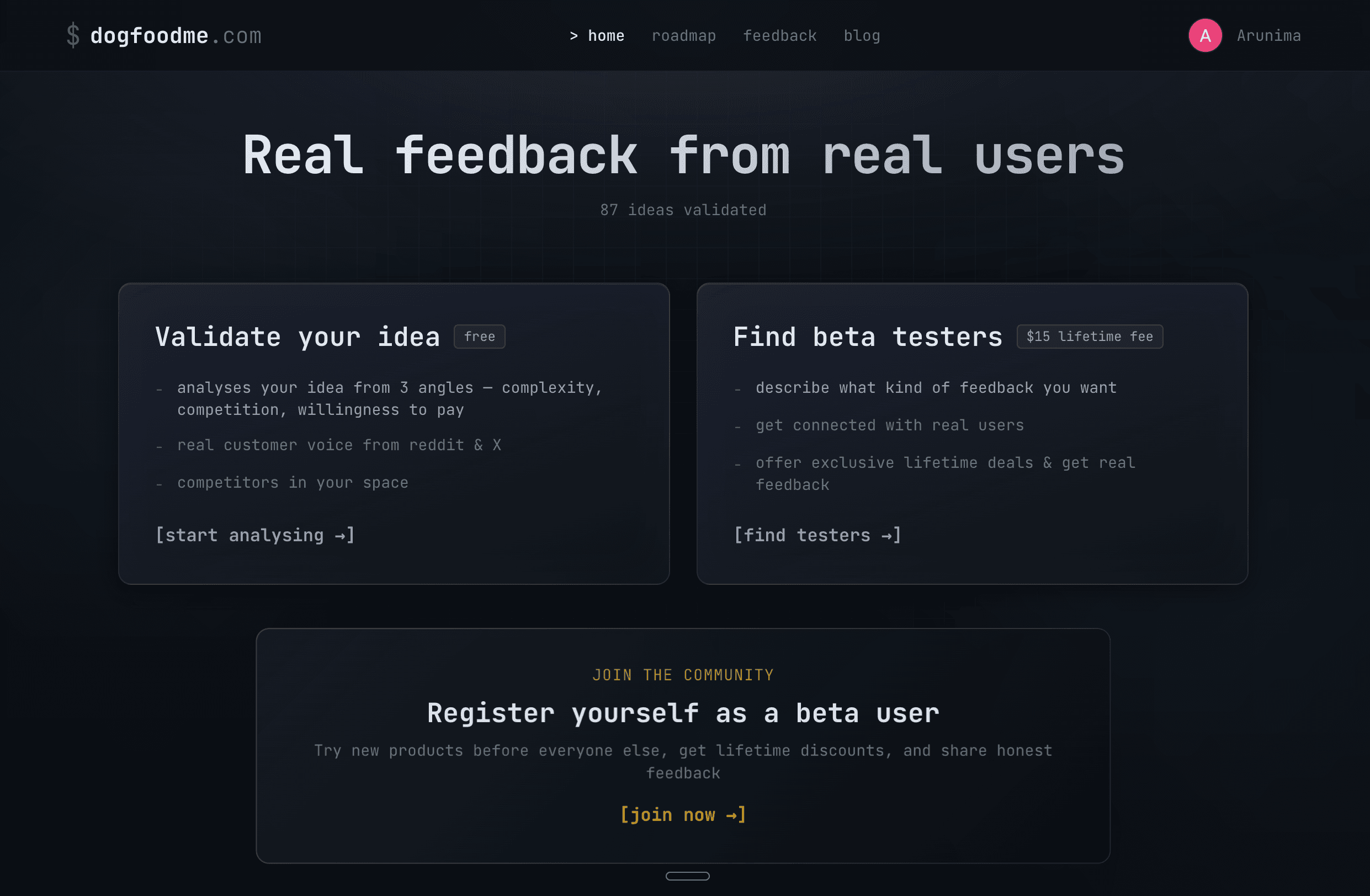 The DogFoodMe landing page, a terminal-style interface for validating startup ideas