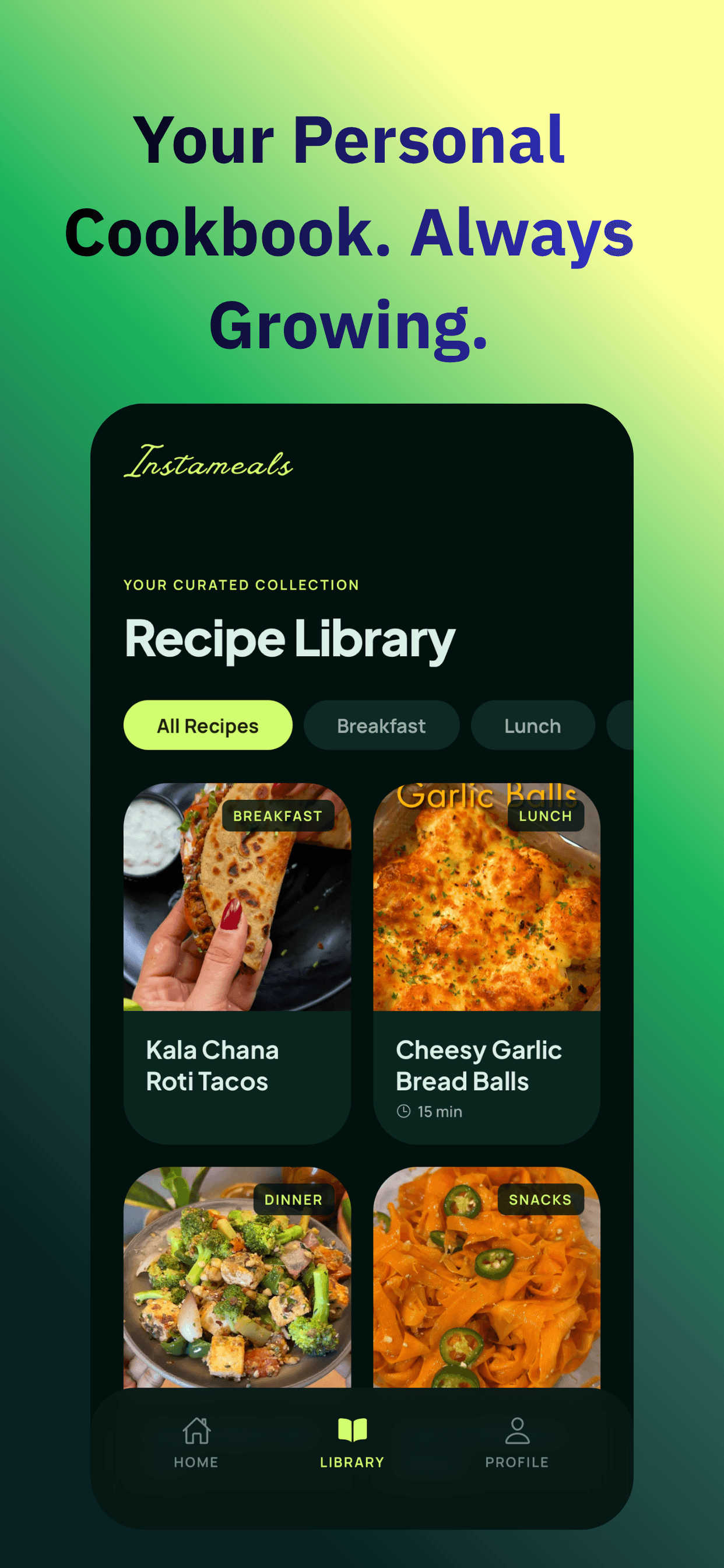 Instameals screens: sharing a reel, the structured recipe card, and the meal plan