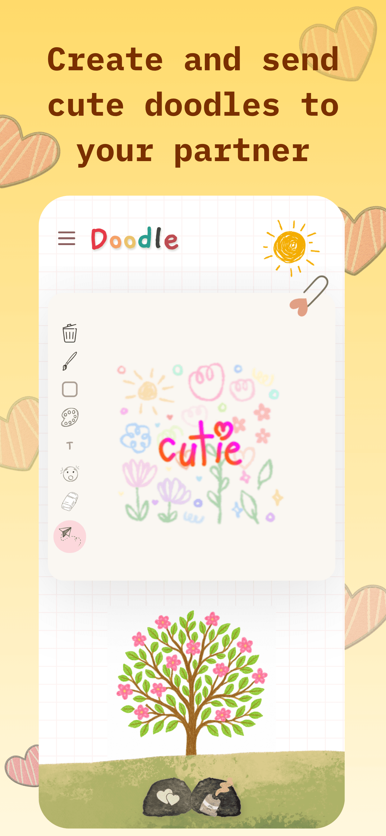 Love Doodle screens: the drawing canvas, the shared calendar, and the home screen widget