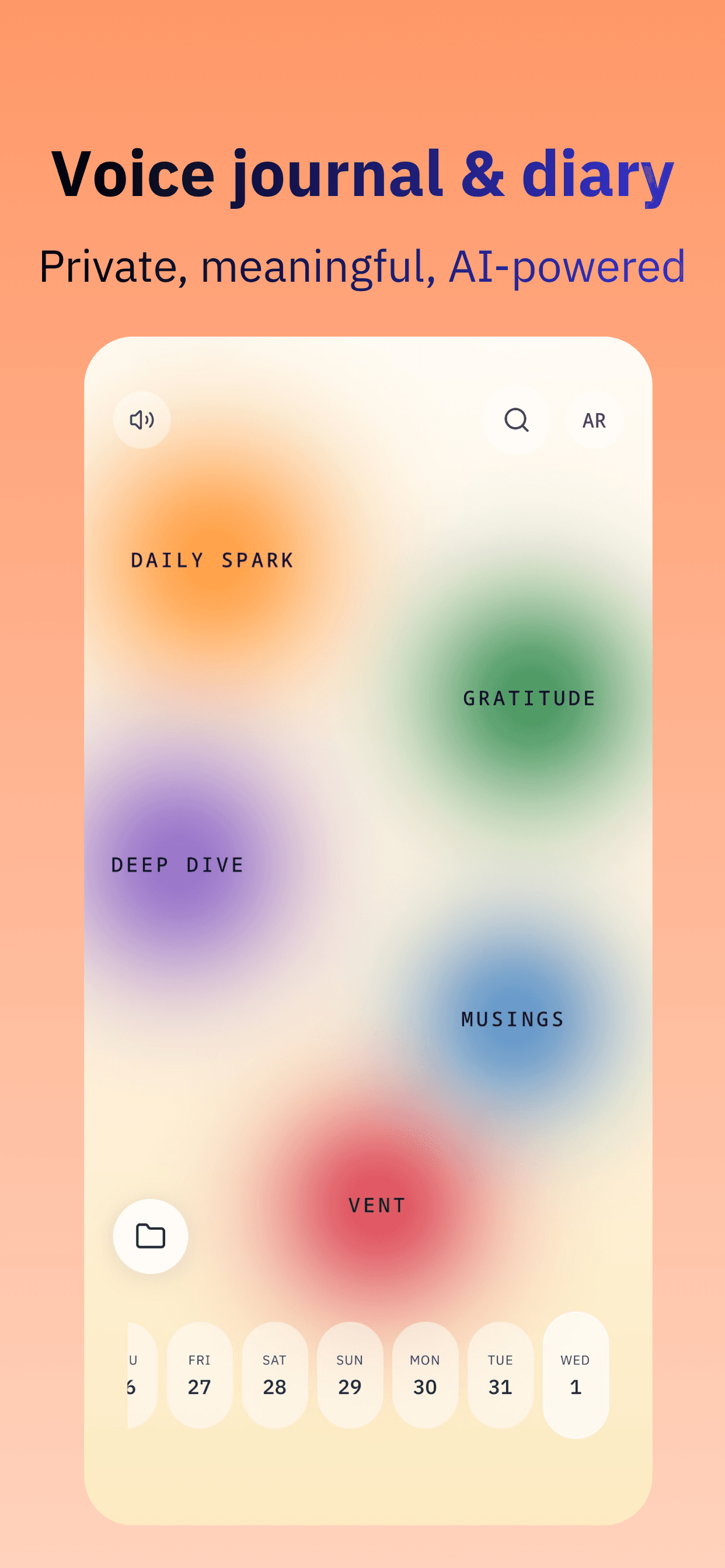 Pause app screens: recording a voice entry, the written journal, and calendar view